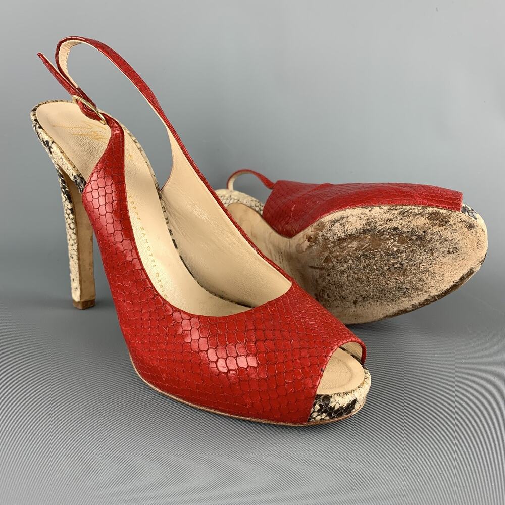 GIUSEPPE ZANOTTI Size 8 Red & Beige Snake Skin Slingback Peep Toe Pumps - Picture 3 of 8